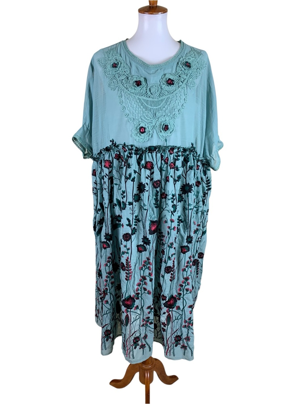 SooLinen Aqua Embroidered Linen Boho Babydoll Midi Dress Womens One Size‎ NWT